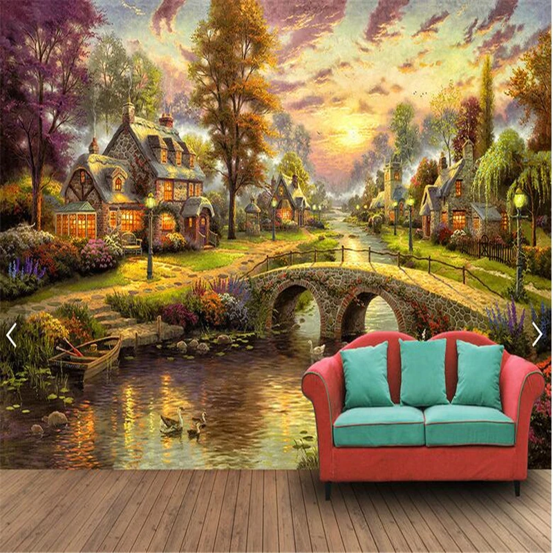 beibehang 3d custom photo wallpaper wall murals stickers Hand painted Europe and the United States Rural forest hut night view |