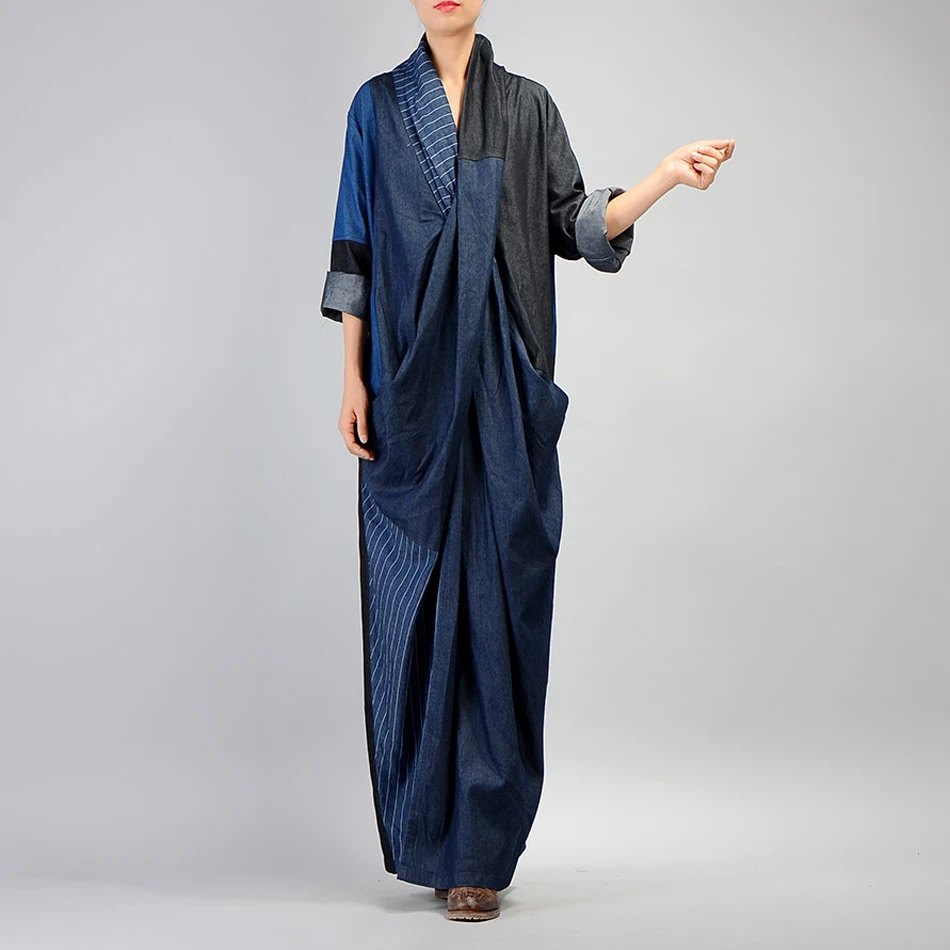 

Johnature Women Denim Dress 2019 Fall Winter New Patchwork Cotton Robe V-Neck Vintage Women Casual Pockets Bandage Maxi Dresses