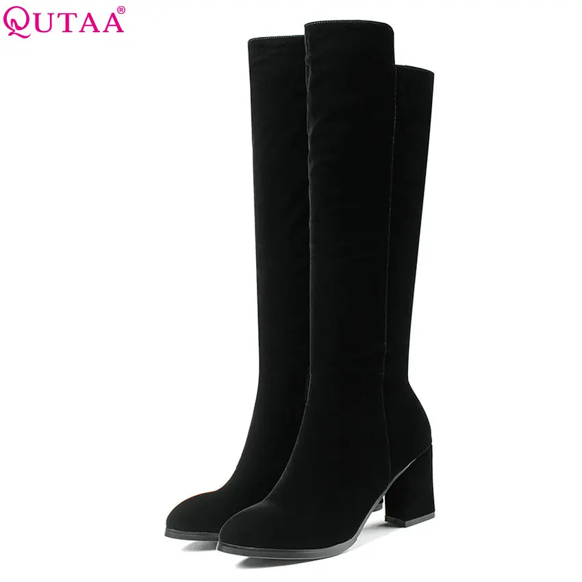

QUTAA 2018 High Quality Women Knee High Boots Square High Heel Pointed Toe Fashion Zipper Cow Suede Women Boots Size 34-40