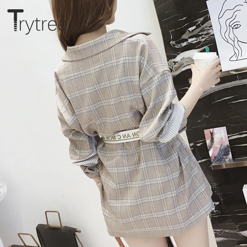 Skup Ttytree jesień asymetryczna Plaid bluzki koszula na co dzień kobiety skręcić w dół kołnierz jednorzędowy list skrzydła topy długie koszule