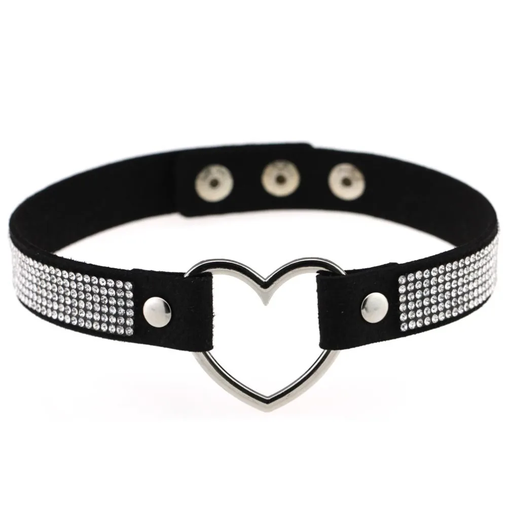 

Black Leather Heart Rhinestone Choker Necklace Women Crystal Gothic Collar Necklace Pendant Leather Chain Neck Statement Jewelry