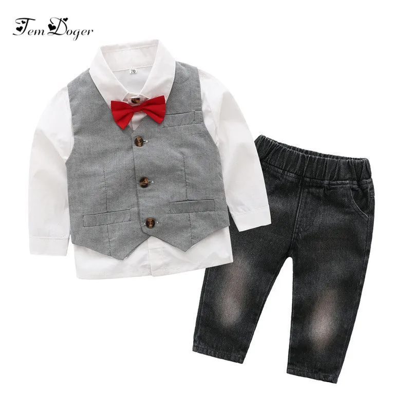 

Tem Doger Boy Clothing Sets 2018 Kids Boy Clothes Vest+Bowtie Shirts+Jeans 3PCS Gentlemen Outfits Sets for Bebes Formal Clothing