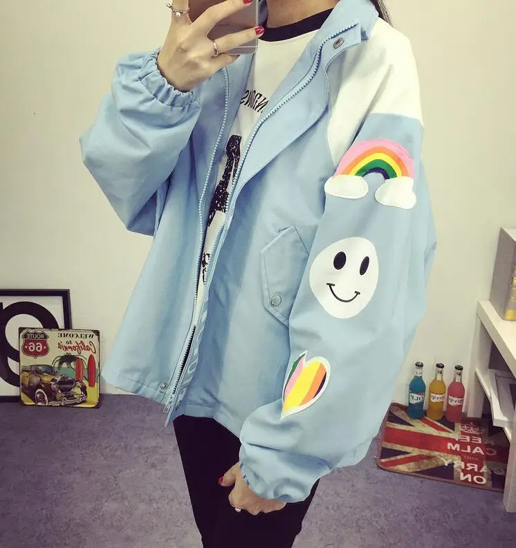 

2018 Spring Korean Harajuku style cartoon printing loose women windbreaker jacket tide zipper character jackets