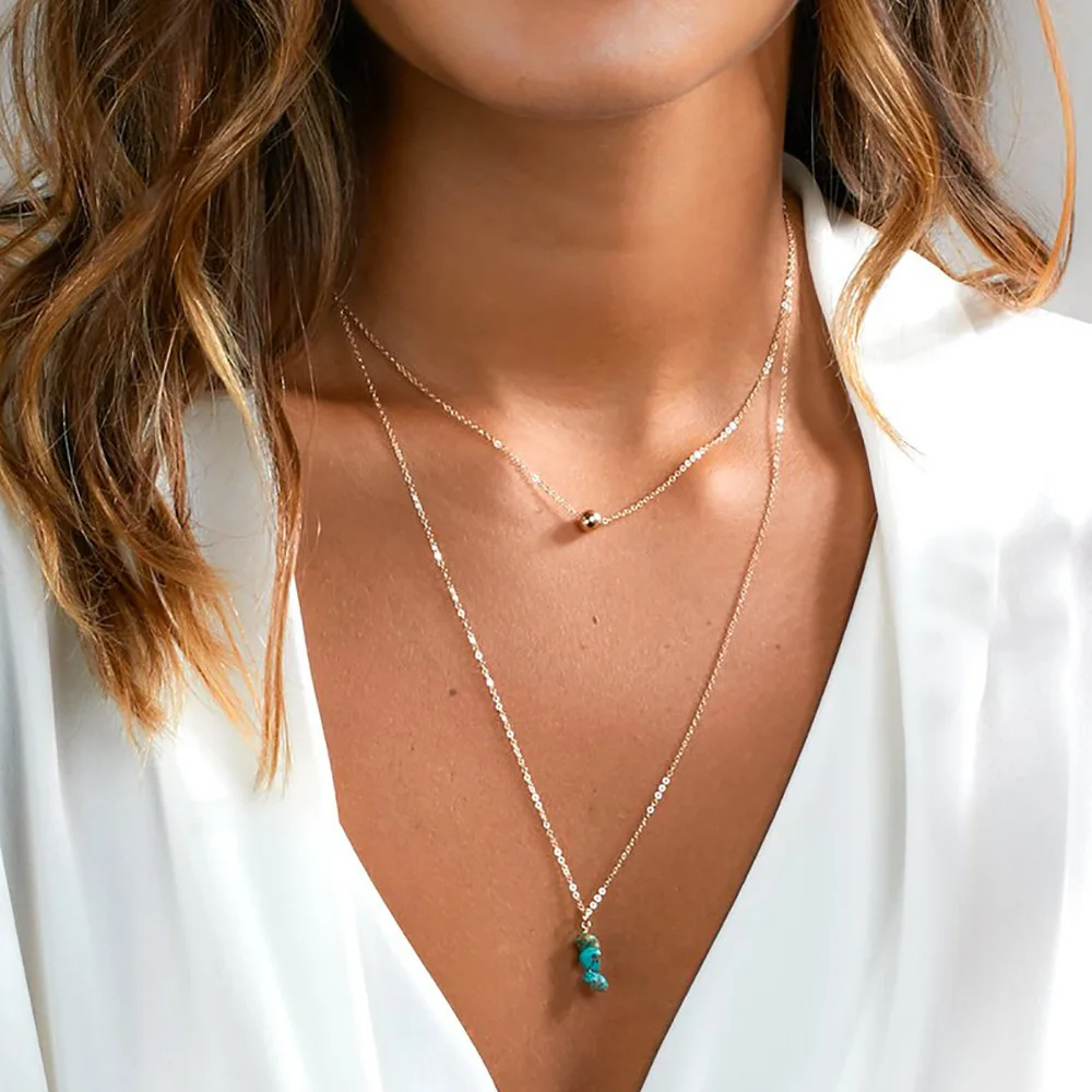 

Fashion Double Layered Clavicle Chain Necklace Charms Women Long Stone Bead Pendant Necklaces Jewelry