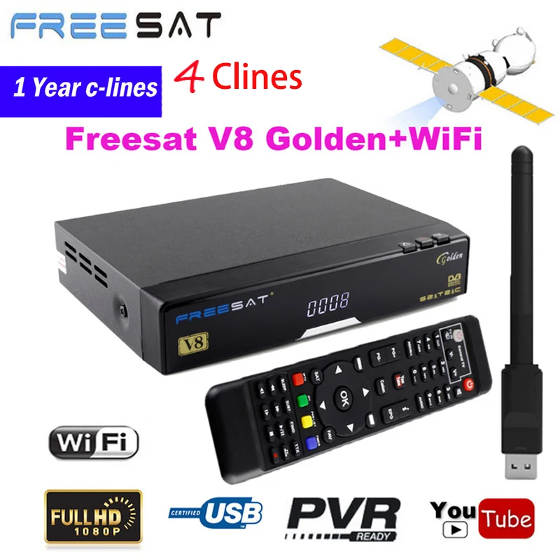 

Genuine Freesat V8 Golden&USB Wifi DVB-S2+T2+C Satellite TV Combo Receiver Support PowerVu Biss Key Newcamd+1 year 4 clines