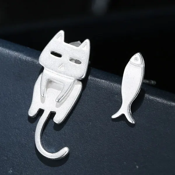 Модные ювелирные изделия маленькая кошка и рыба Симпатичные серьги-гвоздики серьги оптом серьги в виде животных для женщин девочек