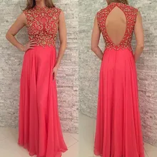 High Neck Flügelärmeln Sparkly Bördelte Coral Chiffon Backless Abendkleid Bodenlangen Lange Formale Abendkleid robe de soiree