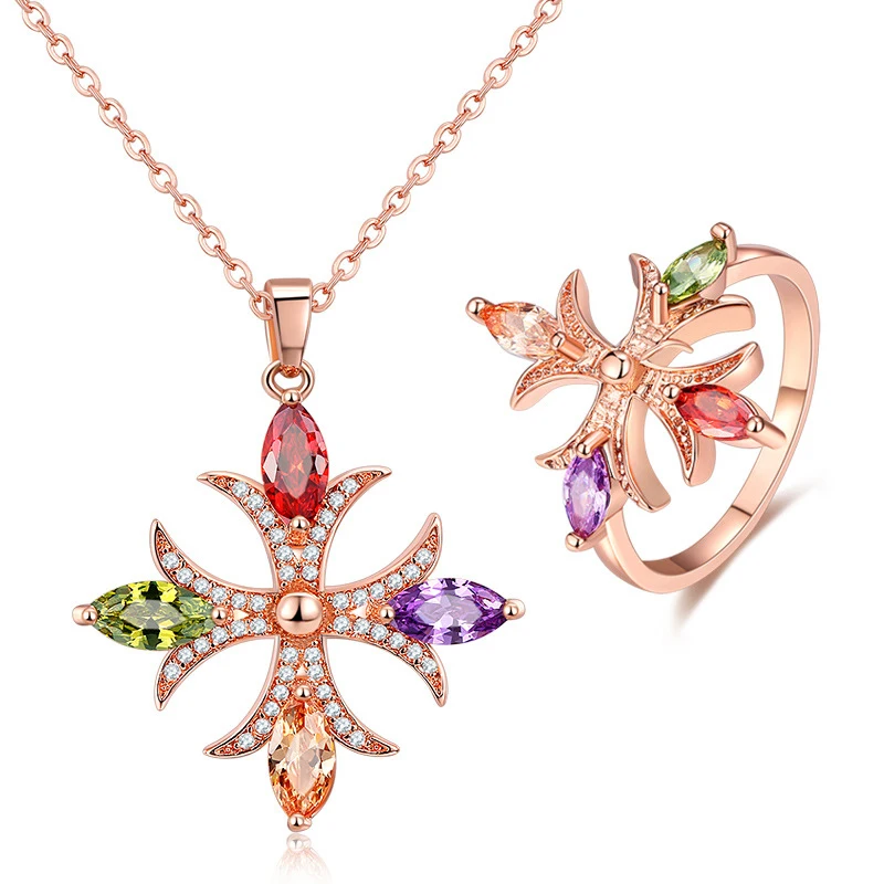 

2019 European and American Zircon Necklace Ring Set Colorful Zircon Rose Gold Cross Jewelry Set