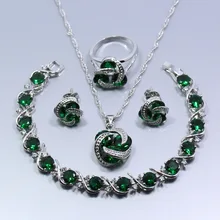 Недорогой Зеленый Изумрудный 925 пробы Серебряный Женский комплект ювелирных изделий из четырех частей серьги кольцо ожерелье кулон браслет подарок Z58