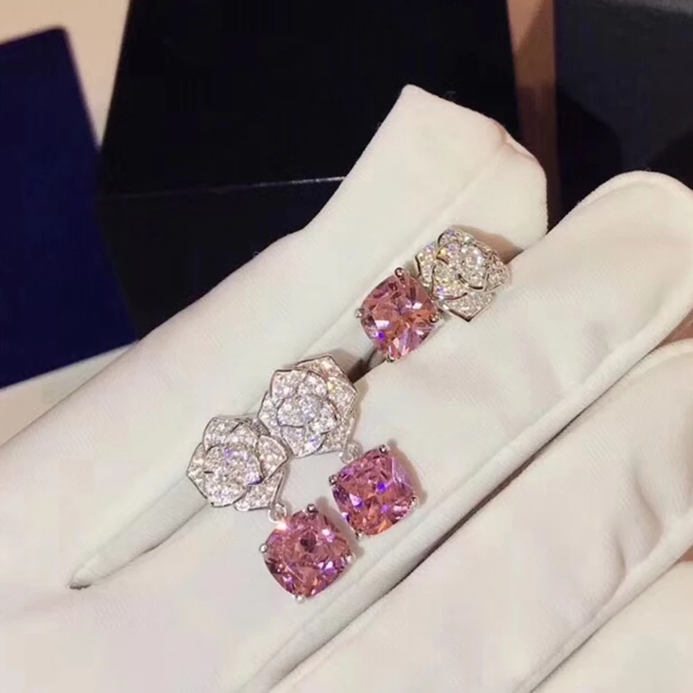 

Kindlegem Real 925 Sterling Silver Jewelry Earrings Ring Set Female Fashion Sparkling Pink CZdiamond Wedding Party Luxury Bijoux