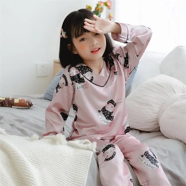 

Children Silk Pajama Set 2019 Spring Summer Girls Boys Silk Fabric long sleeve Pajamas Set Kids Sleepwear Nightwear Clothes Set