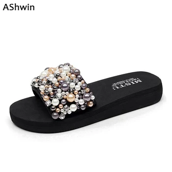 

AShwin pearls sandals wedge platform summer sandal slippers slip on shoes handmade bohemia crystal slippers outdoor hawaiian