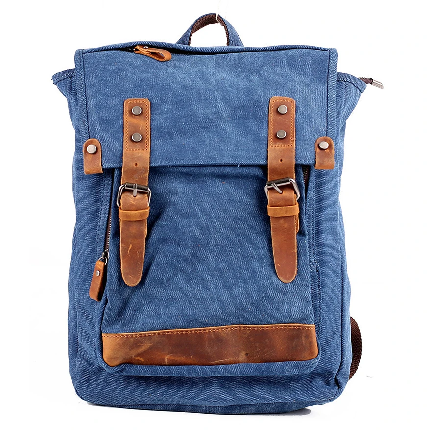 Мужской женский тканевый многофункциональный винтажный рюкзак из натуральной коровьей кожи для путешествий, школьная сумка, портативный чехол для переноски компьютера - Цвет: Blue