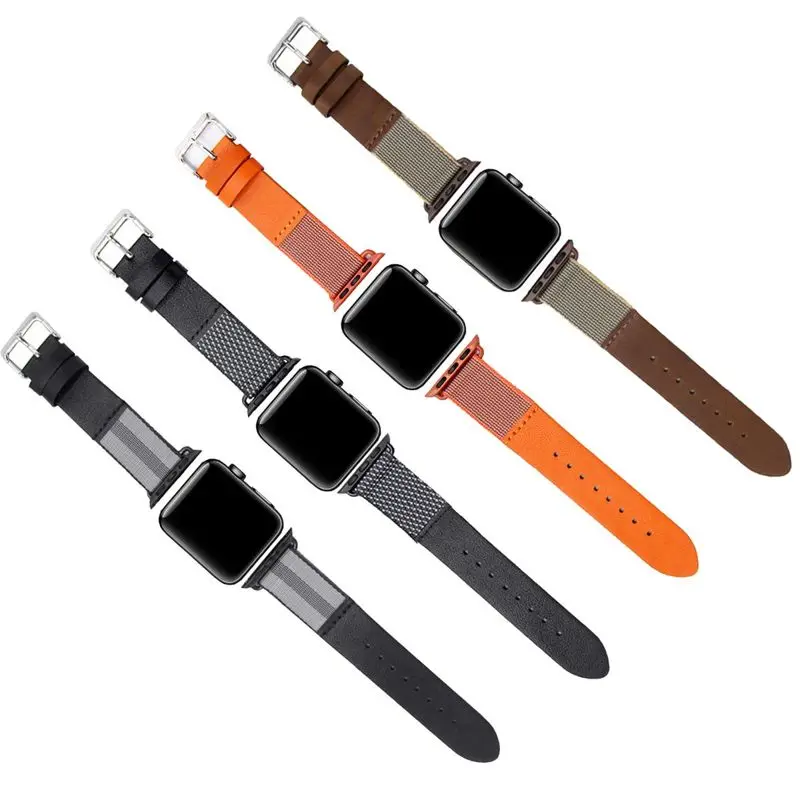 

Quick Release Sweatproof Woven Nylon splice Luxury Leather Replacement Band Strap for Apple Watch 3/2/1 42 38mm Wrist Band Strap