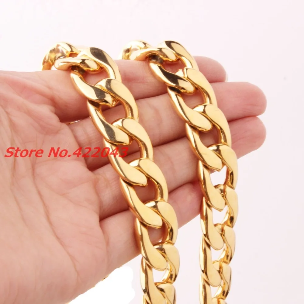 7-40" New Stainless Steel 10mm Yellow Gold Plated Cuban Curb Chain Mens Necklace