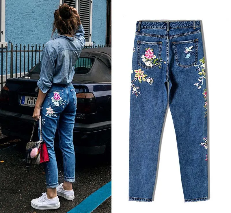 2017 Europe and the United States women\'s three-dimensional 3D heavy craft bird flowers before and after embroidery high waist Slim straight jeans large code system 46 yards (8)