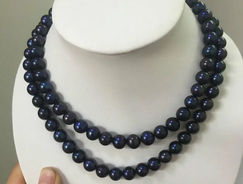 

double strands 9-10mm round tahitian black blue pearl necklace 18" 19'' 14 gold