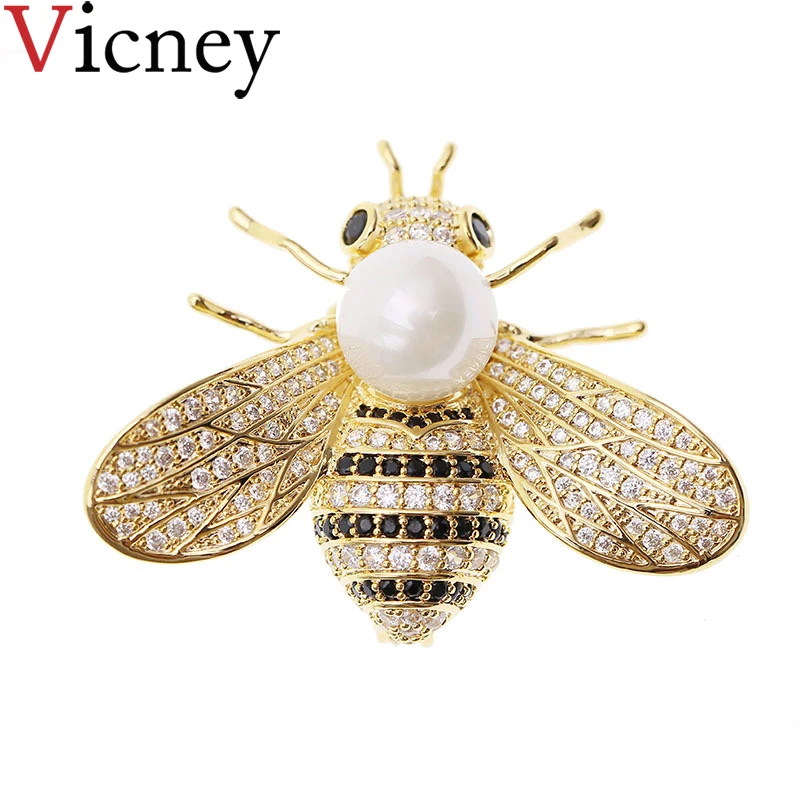 

Vicney Fashion Luxury Imitation Pearl Bees brooch AAA Zircon Brooches for Women Ladies men's Pins jewelry accessory high quality