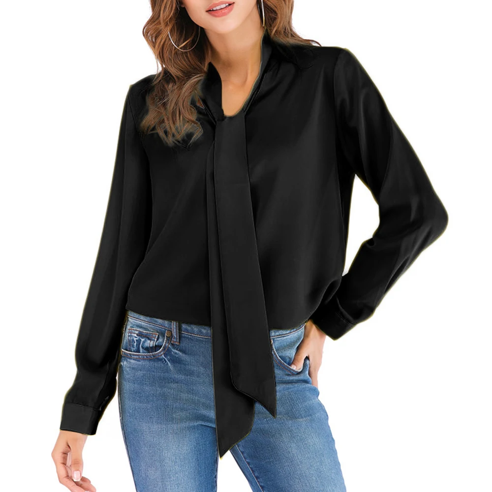 Faylisvow 5xl Plus Size Blouse Autumn Women V Neck Bow Tie Work Long Chiffon Blouse Casual 