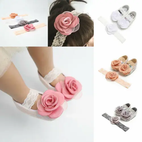 

New Infants Baby Girls Kids Breathable Lace Flower Shoes+Headband Summer 3 Sizes