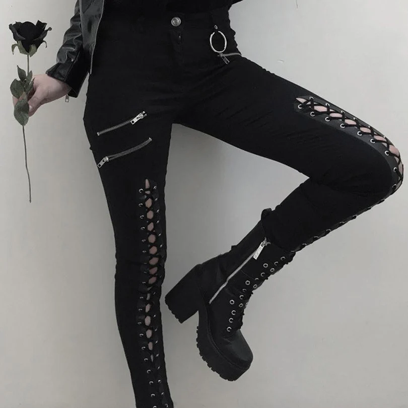 Femmes avant à lacets Punk Skinny crayon pantalon taille haute noir Sexy gothique filles pantalon femme Long pantalon Hipster vêtements