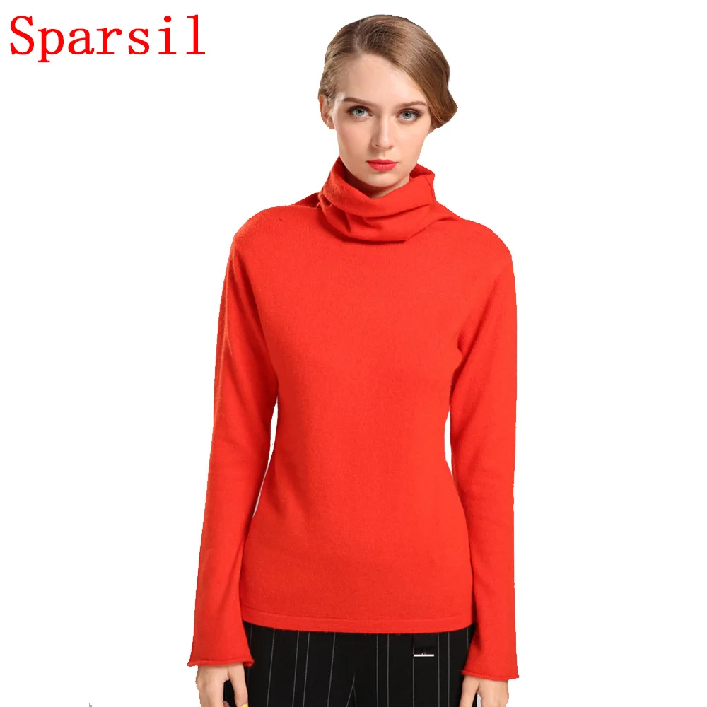 

Sparsil Women Cashmere Blend Sweater Flare Sleeve Turtleneck Knitting Sweater Solid Color Fashion All Match Knitwear