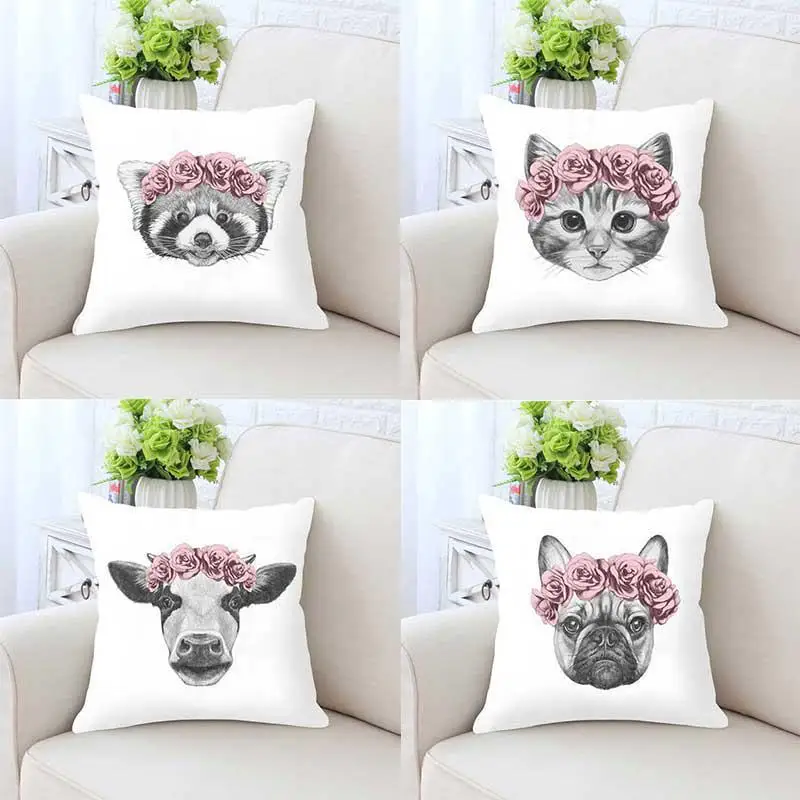 

Cute Kawaii Pink Flower Animals Print Nordic Style Home Decor Horse Pug Dog Cat Cow Rabbit Koala Plush Cushion For Kids Room