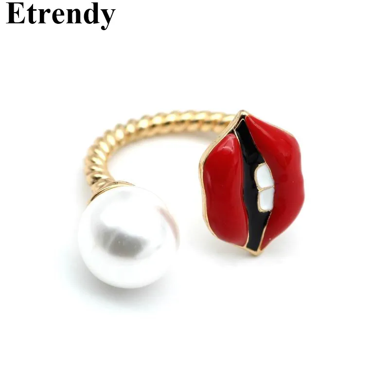 

2017 Fashion Simulated Pearl Red Lip Ring Women Jewelry Cute Gift