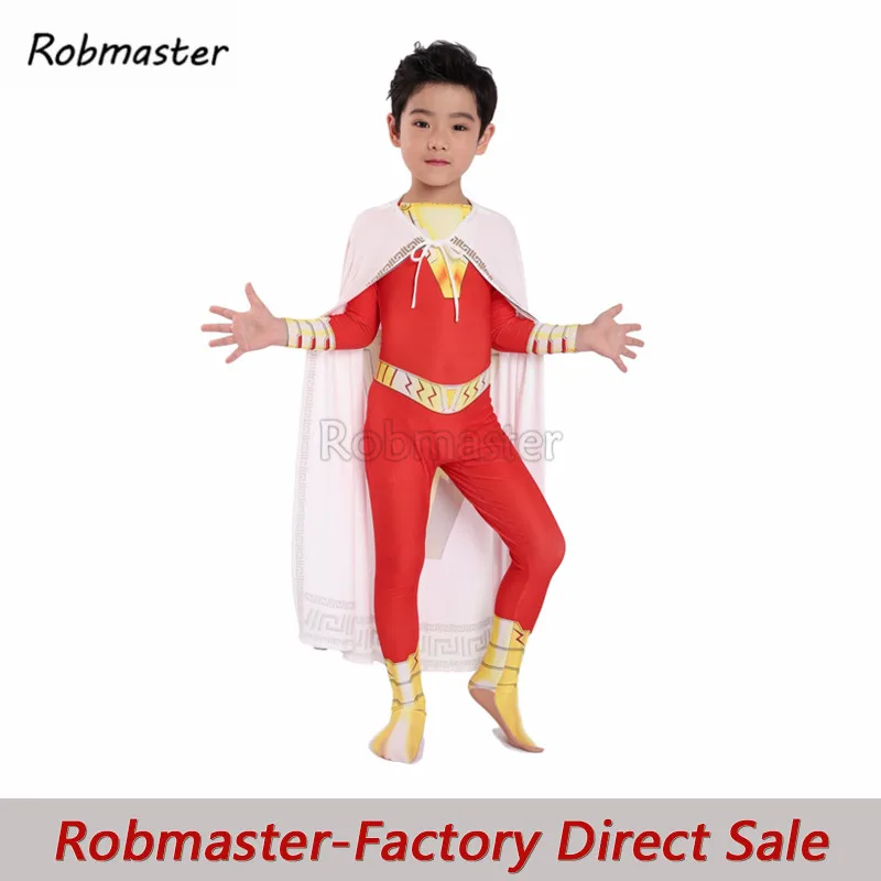 

Children Shazam Cosplay Captain Marvel Costume Billy Batson Jumpsuit Costumes Cloak Suit Superhero Halloween Zentai Bodysuit