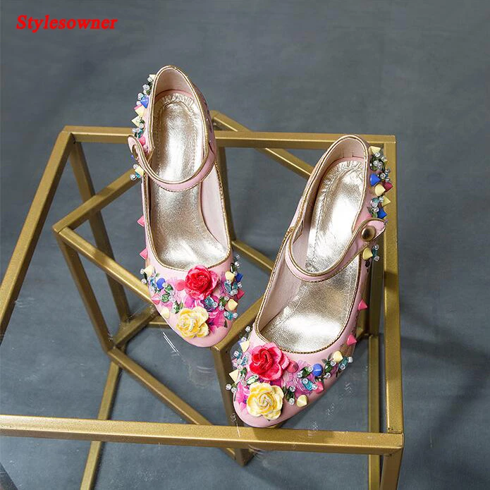 Stylesowner Luxury Bling Women Wedding Shoe Flower Rivets White Pink Real Leather Mary Janes High Heel Shoe Pumps