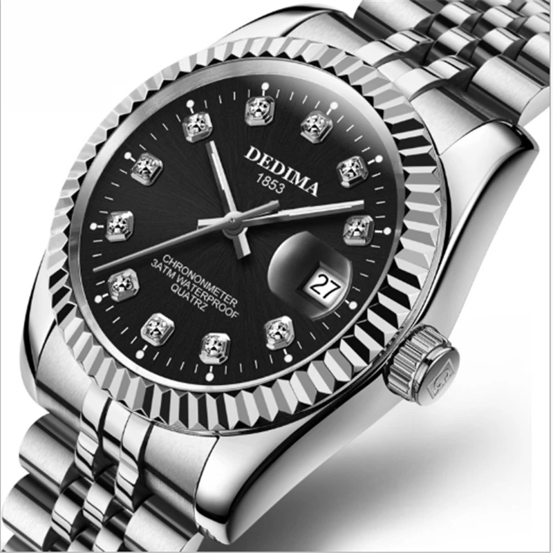 Luxury Men Wristwatch Stainless Steel Clock Fashion Automatic Calendar Watch Men Gold Rhinestone Wrist Watch Relogio Masculino