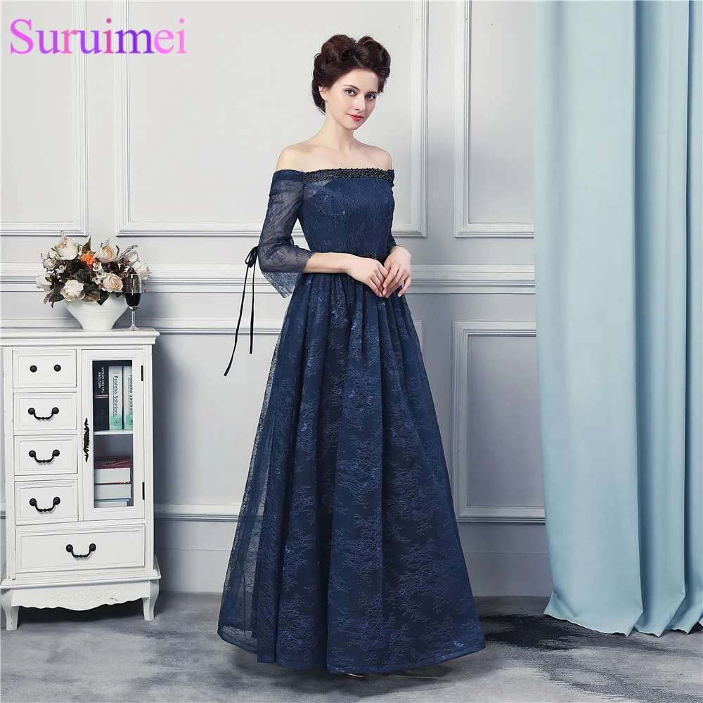 

Strapless Navy Bule Mother of Bride Dress Short Sleves Off the Shoulder Lace Up Wedding Event Dress