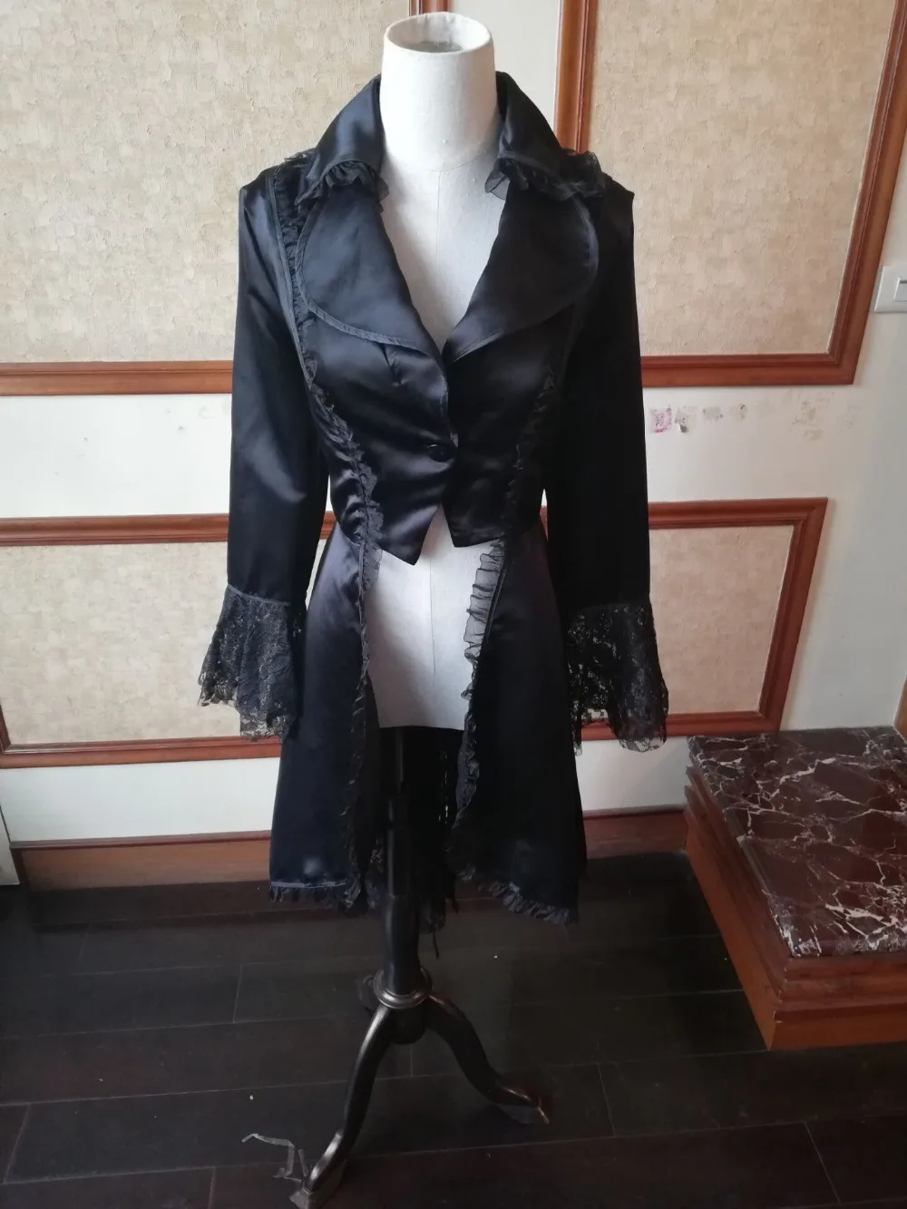 Women Lace Trim Lace-up High Low Coat Black Steampunk Victorian Style Gothic Jacket Medieval Noble Court Dress S-3XL