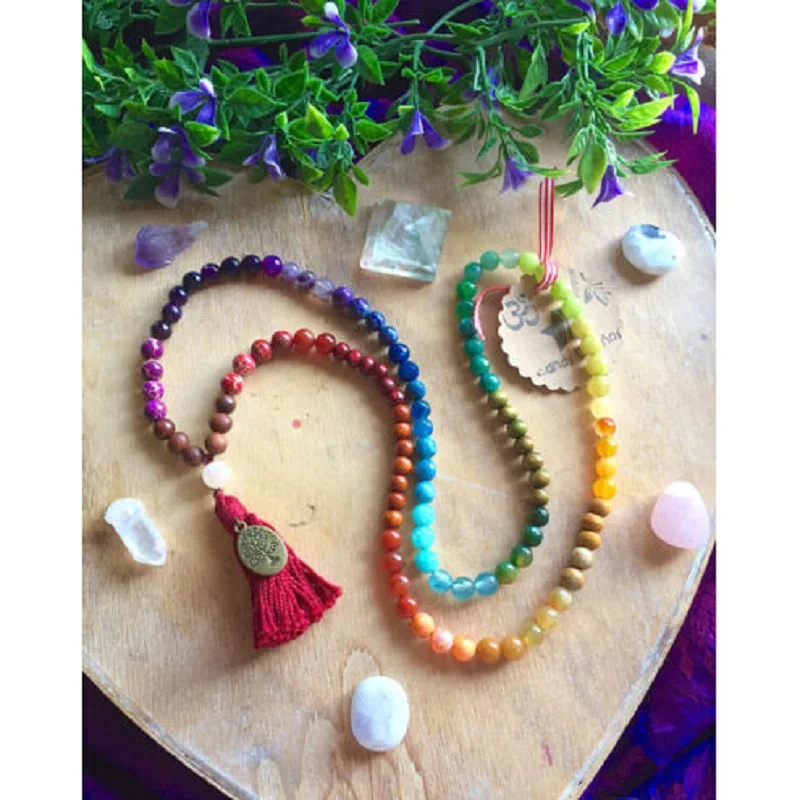 Online 8mm Natural colorido Chakra energía piedra hecha a mano 108 Mala pulsera con Árbol de la vida colgante Yoga borla collar Dropshipping