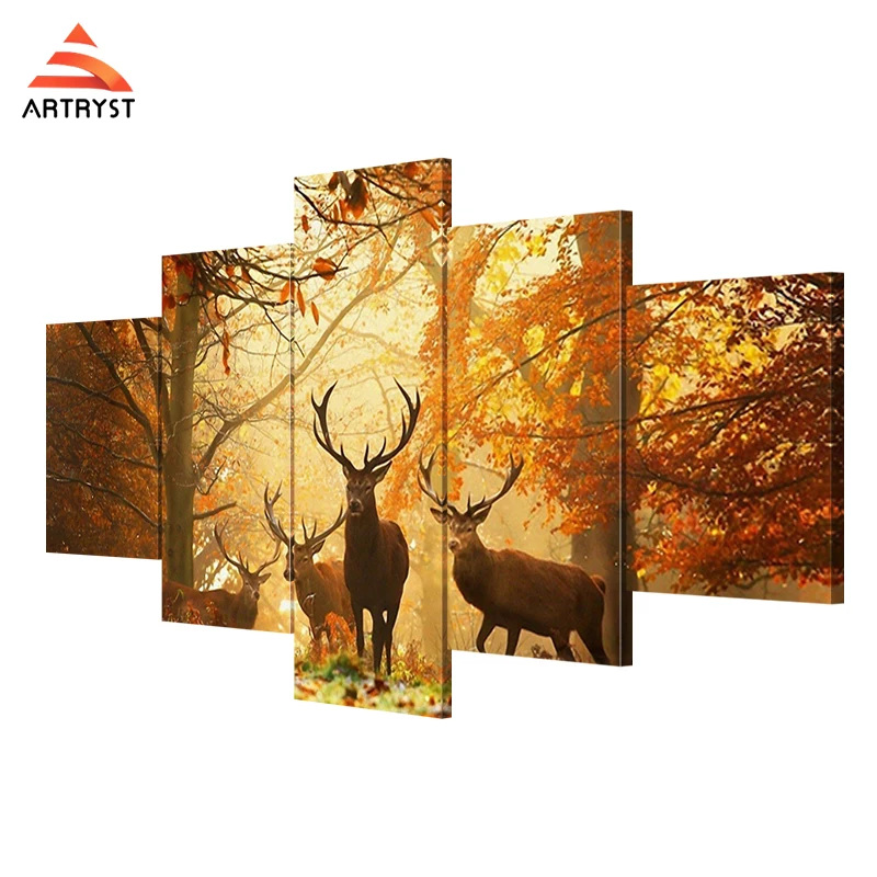 Artryst 5 Panel Wall Art, Deer Painting Pictures Print On Canvas,The