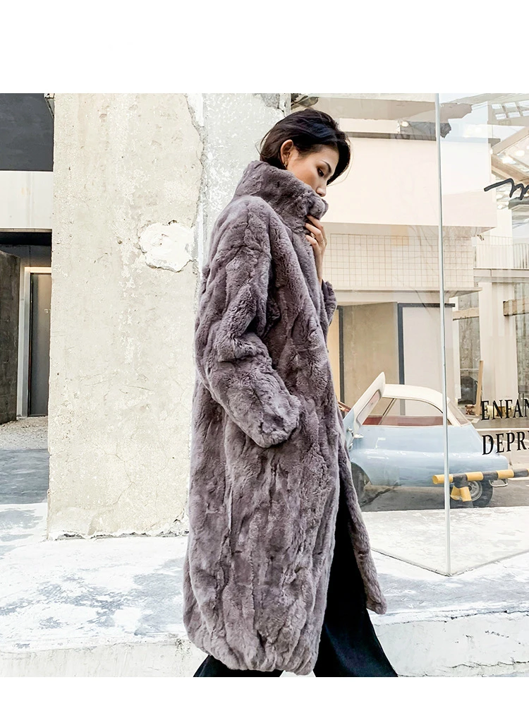 Зимняя женская повседневная куртка из натурального меха кролика Рекс, длинное пальто с воротником-стойкой, уличная Толстая теплая верхняя одежда