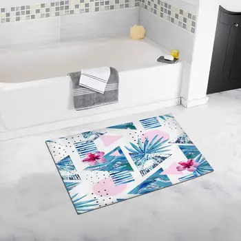 

Triangles with Watercolor Tropical Flowers Palm Leaf Marble Bath Mat and Shower Rug Non Slip 32 L X 20 W Inches