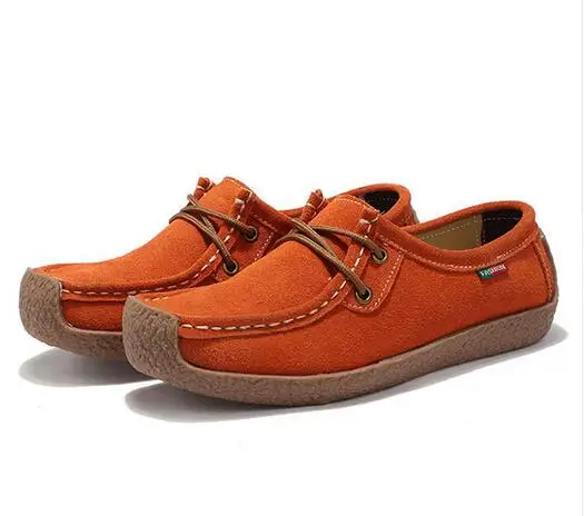 Женская обувь на плоской подошве из натуральной кожи, лоферы на шнуровке, складные Мокасины, повседневная женская обувь с квадратным носком, женская обувь, zapatos Mujer - Цвет: orange