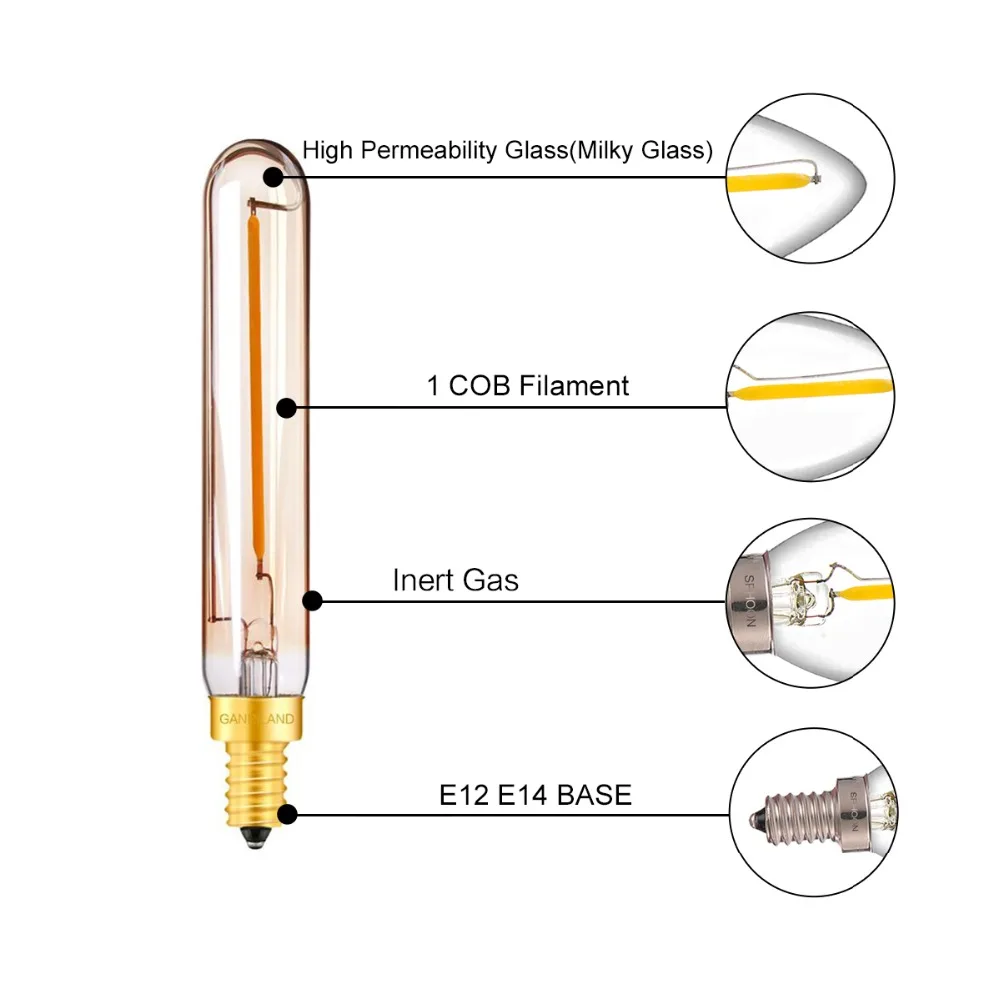Ganriland T20 трубчатые лампы Ретро светодио дный длинные нити Amber Стекло лампа 1 Вт 2200 К E12 110 В E14 220 В люстра подвесной светильник затемнения