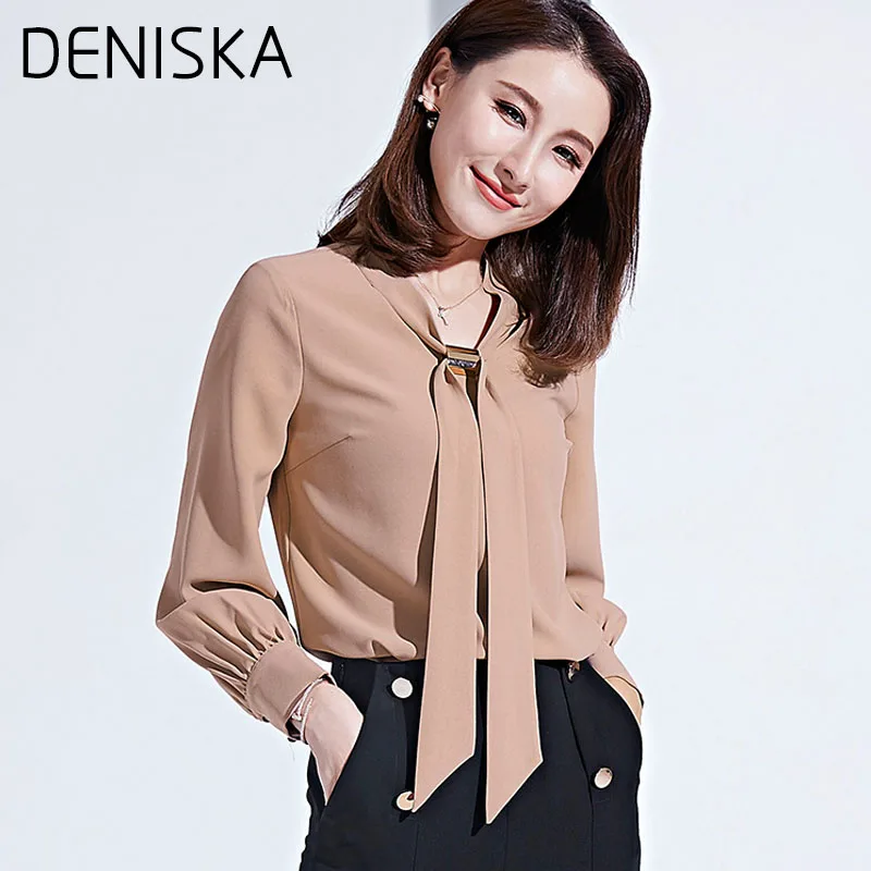 DENISKA 2018 Spring New Women Clothing Long sleeved Bow