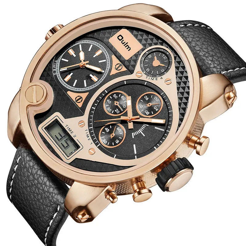 

OULM Men Digital Quartz Watch 3 Time Zone Sub-dial Leather Strap Rose Gold Oversize Case Military Luxury Watches for Men + Box