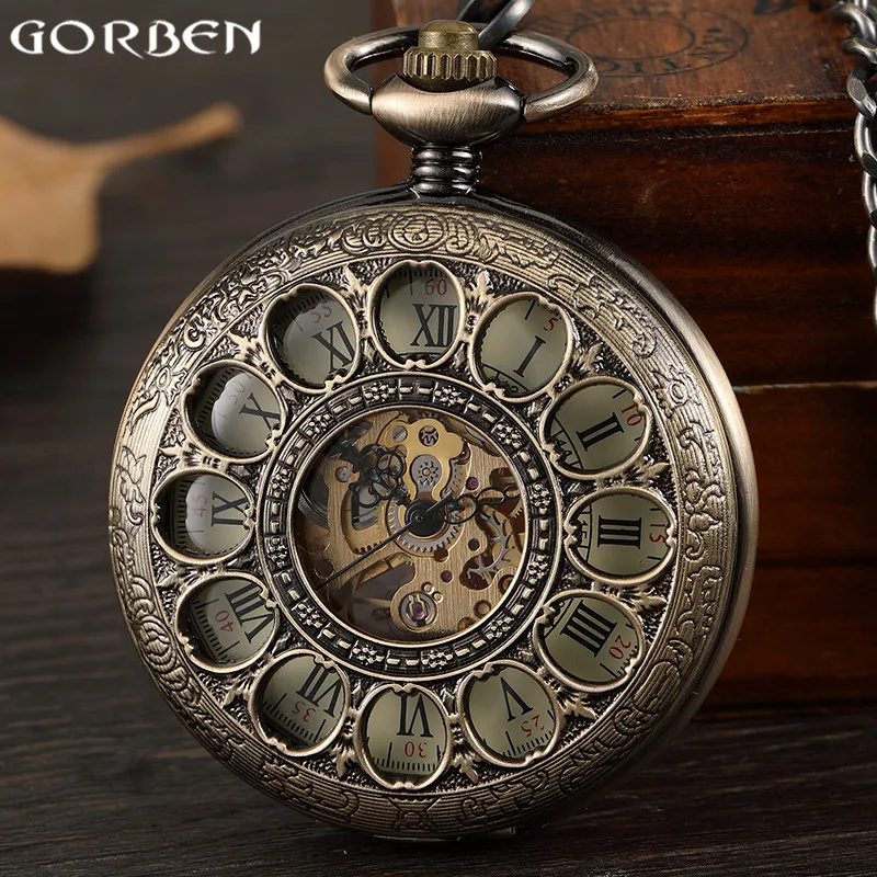 Retro Bronze Steampunk Men Mechanical Hand wind Pocket Watch Hollow Roman Dial Skeleton Clock