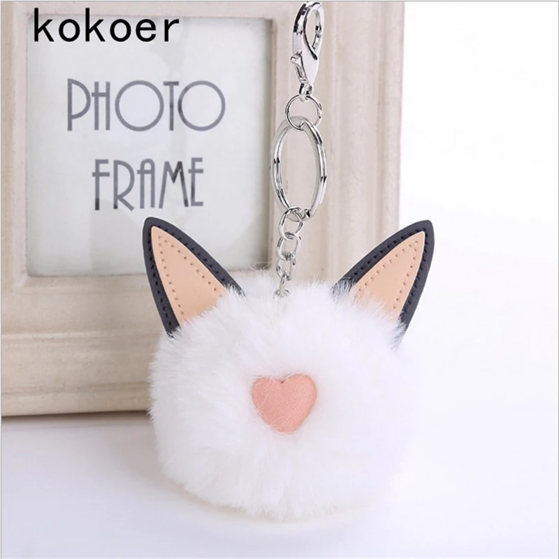 2017 Rex rabbit Fur Keychain Pompon Soft cat ears bags hang key chain pendant Balls Silver