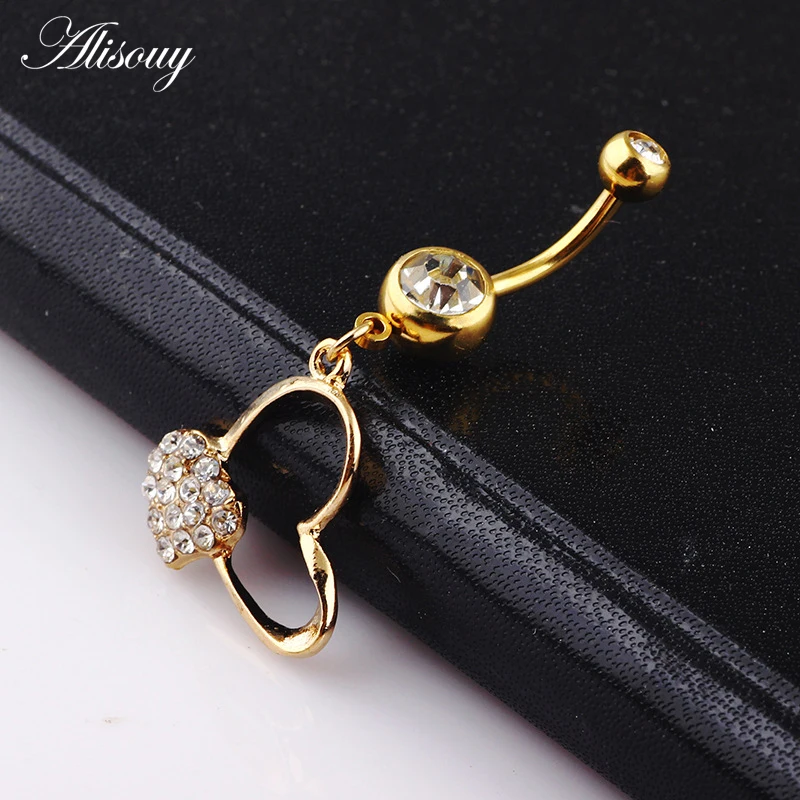 Love Heart Belly Button Rings Bar Gold Color Surgical Steel Navel Piercing Sexy Body Jewelry for Women CZ Navel Piercing rings