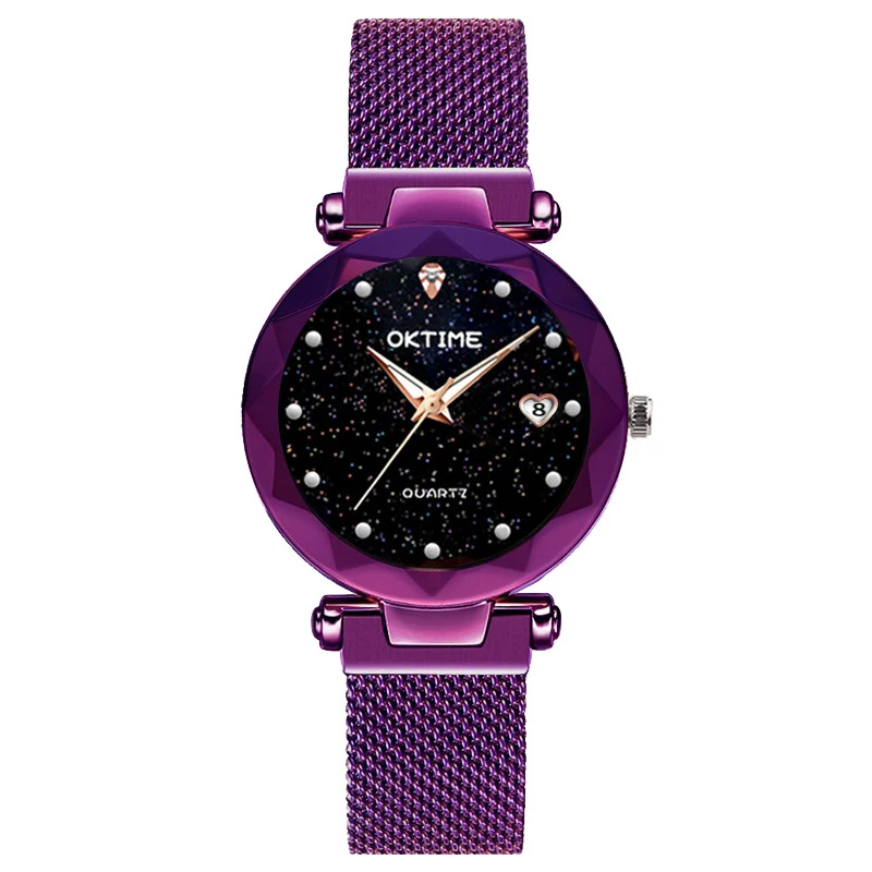 Женские кварцевые часы Звездный Круглый циферблат наручные часы с магнитным ремешком для деловых поездок KQS8 - Цвет: Фиолетовый