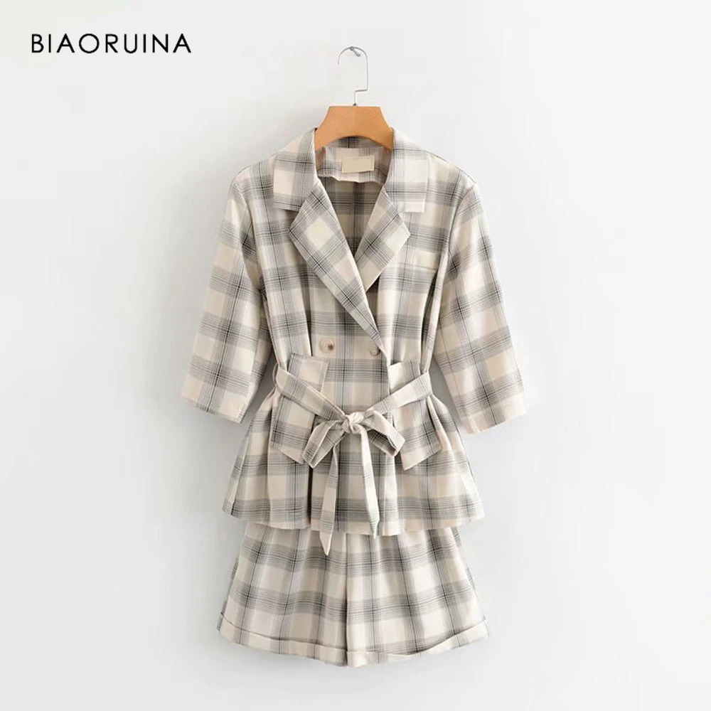 

BIAORUINA Women Korean Style Double Breasted Plaid Blazer + Women's Fashion Short Two Pieces Set Office Lady Casual Sets