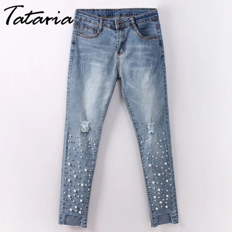 Tataria Skinny Ripped Jeans Woman Distressed Hole Beads Pearl Women Jeans With Pearls Denim Pencil Pants Woman Jean Femme 2018