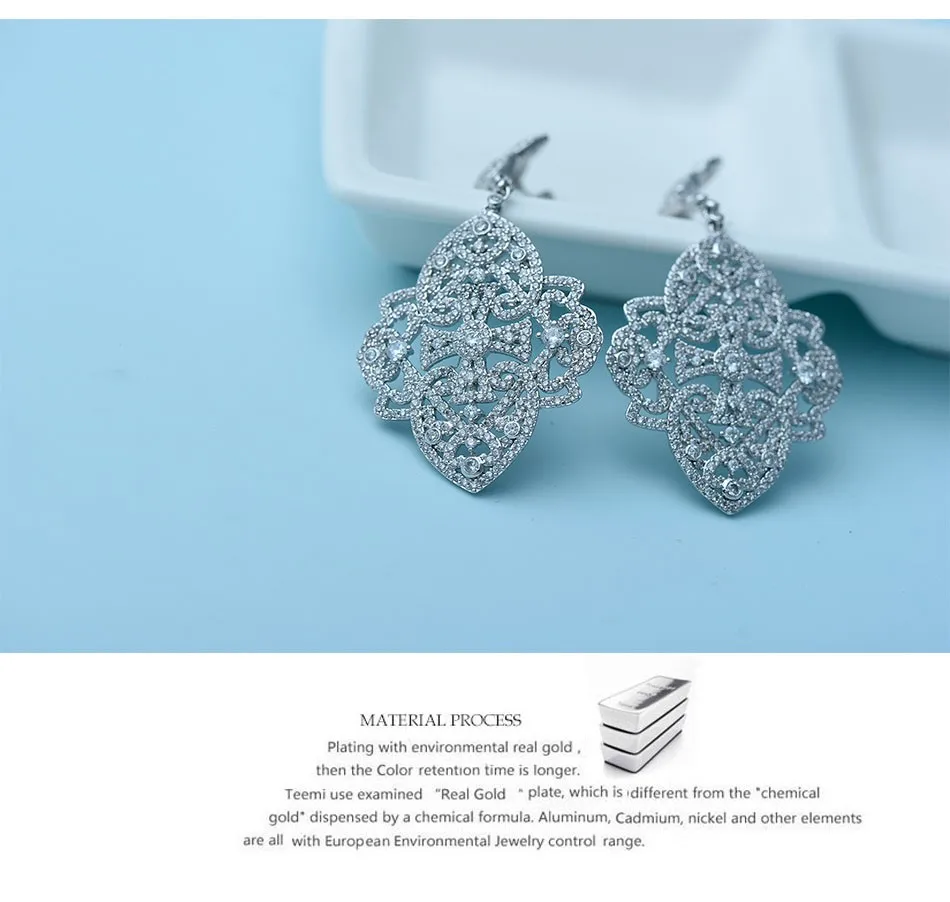 LUOTEEMI New Korea Style Big Brincos White Gold Color Elegant Jewelry Full Cubic Zircon Sparkling Drop Earring Double Flowers