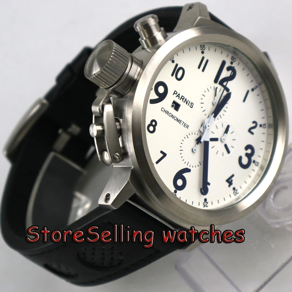 50mm Parnis white dial black marks Chronograph Lefty quartz mens Watch