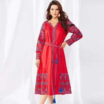 

Red Runway Dress 2020 High Quality Embroidery Dress Women Streetwear Fashion Vintage Print National Loose Dress Autumn Winter